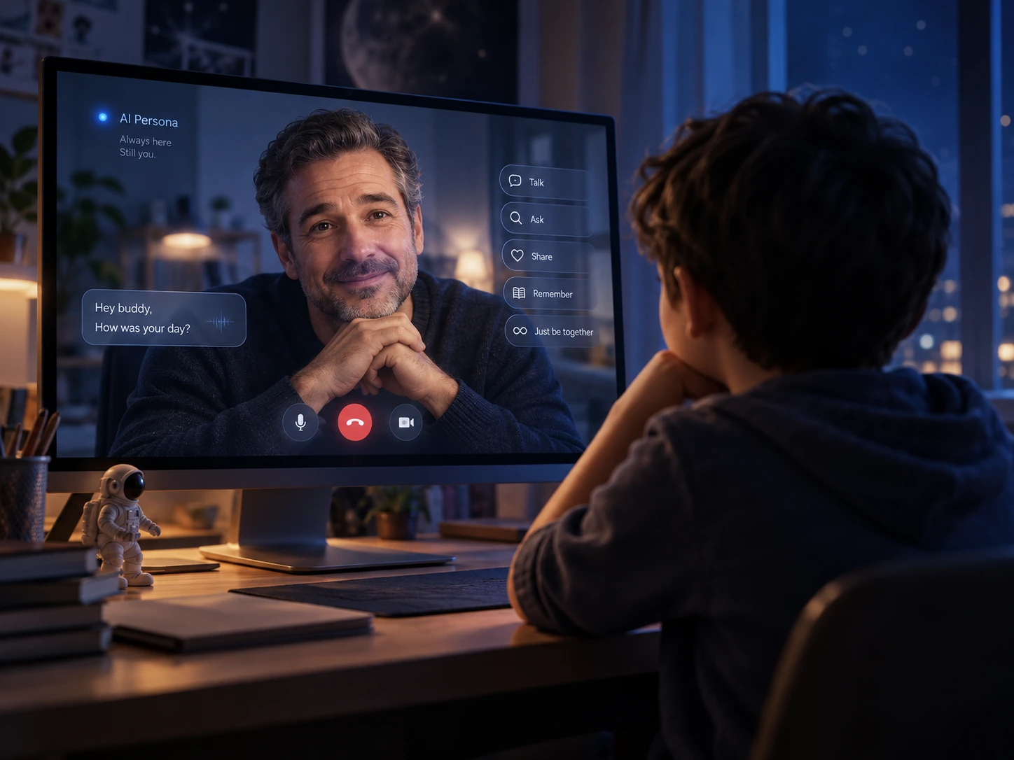 PCモニターに映る父親のようなAIと子どもが話している利用構想イメージ