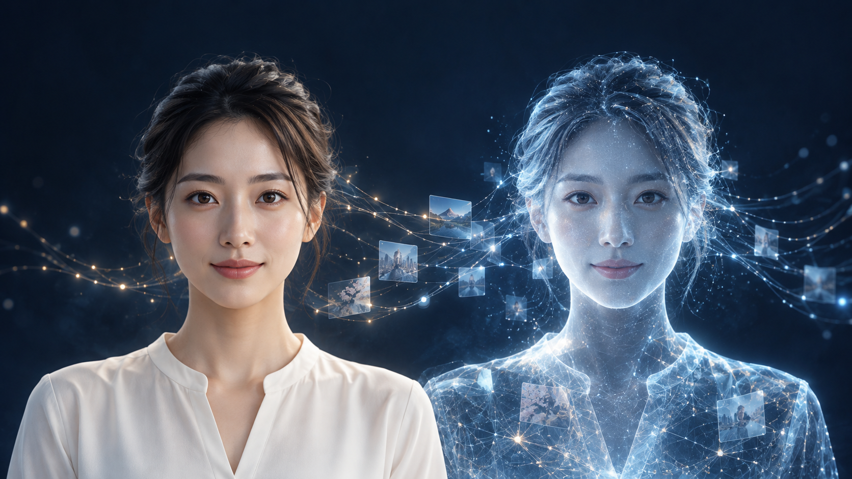 本人と、そのAI分身を並べて表現したイメージ