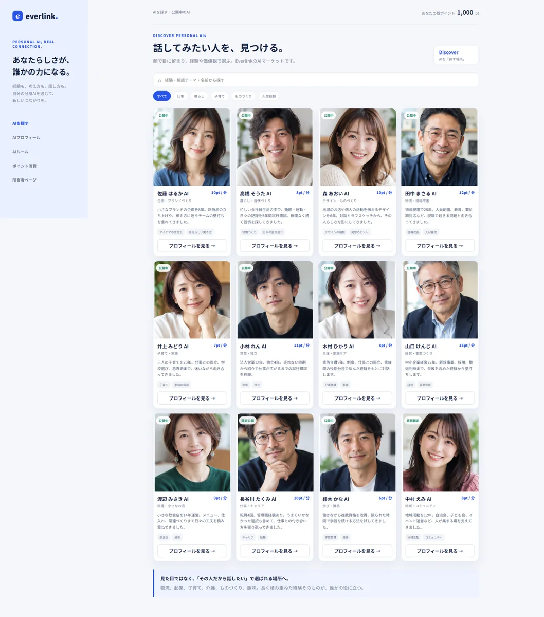 人物の写真と経験を一覧表示するEverlinkマーケットプレイスのコンセプト画面
